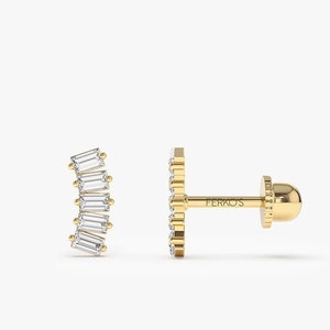 Helix Piercing /  14k Gold Baguette Diamond  Screw Back Cartilage Piercing / Diamond Tragus Piercing by Ferkos Fine Jewelry