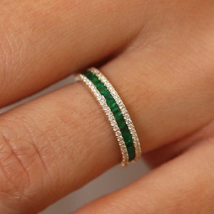 Emerald Ring/ 14k Gold Half Eternity Square Emerald and Round Brilliant Micro Pave Anniversary Ring / Emerald Wedding Band / Birthday Gift