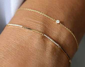 Diamond Bracelet / 14k Solid Gold Pave Diamond Bar Bracelet / Line Bar Minimalist Dainty Diamond bracelet by Ferkos Fine Jewelry