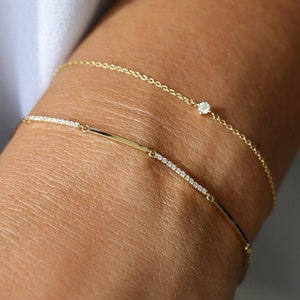 Diamond Bracelet , 14k Solid Gold Pave Diamond Bar Bracelet , Line Bar Minimalist Dainty Diamond bracelet by Ferkos Fine Jewelry