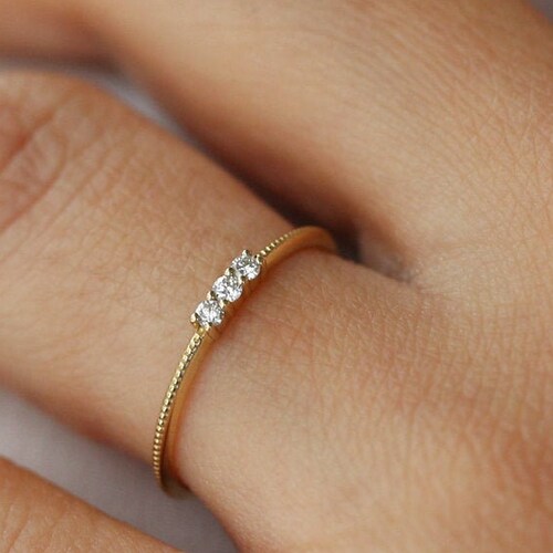 Promise Ring / 14k 3 Stone Beaded Diamond Ring / Minimalist Etsy