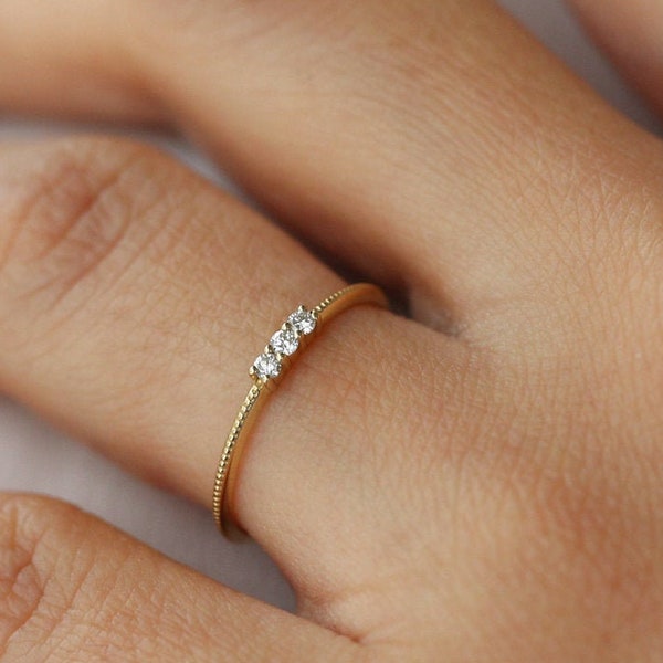 Promise Ring / 14k 3 Stone Beaded Diamond Ring / Minimalist Diamond Ring / Dainty Minimal Diamond Ring / Thin Gold Diamond Stacking Ring