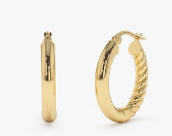 14k Gold Hoop Earrings / Rope Chain Twisted Hoop Earrings / Inside Outside Gold Earrings / Plain Gold Hoop Earrings by Ferkos Fine Jewelry