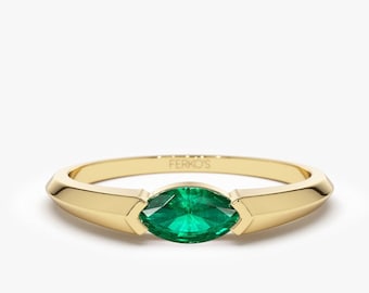Emerald Ring / 14k Gold Marquise Shape Natural Emerald Ring / Horizontal Set Marquise Genuine Emerald Ring by Ferkos Fine jewelry