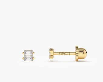 14k Gold Baguette Diamond Mini Piercing / Helix Piercing / Tragus Piercing / Screw Back Diamond Studs by Ferkos Fine Jewelry