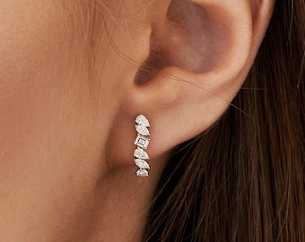 Diamond Earrings / 14k Gold Mixed Diamond Shapes Statement Stud Earrings / Unique Diamond Earrings / Statement Earrings Ferkos Fine jewelry