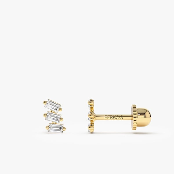 Screw Back Stud Earrings / 14k Solid Gold Baguette Cut Diamond Stud / Diamond Cartilage Earring / Helix Tragus Piercing Ferko's Fine Jewelry