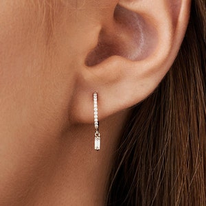 Diamond Earrings / 14k Gold Diamond Huggie with a Dangling Baguette Diamond / 10MM 14k Gold Hoop Earrings for Women Ferkos Fine Jewelry
