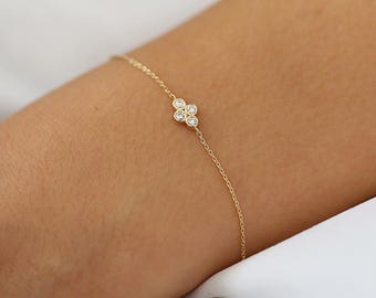 Dainty Gold Diamond Bracelet / 14K Solid Gold Four Stone Diamond Cluster Bracelet with Thin Gold Chain / Diamond Bracelet, Gift for Mom