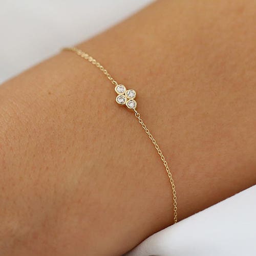 Dainty Gold Diamond Bracelet / 14K Solid Gold Four Stone Etsy