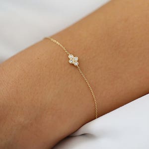 Dainty Gold Diamond Bracelet / 14K Solid Gold Four Stone Diamond Cluster Bracelet with Thin Gold Chain / Diamond Bracelet, Gift for Mom