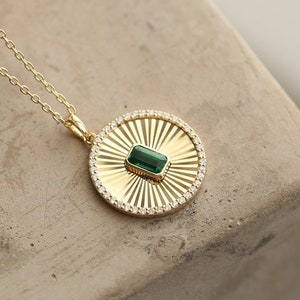 Emerald Necklace / 14k Emerald and Diamond Ballerina Disc Medallion Necklace / Emerald and Diamond Medallion Charm Layering Necklace
