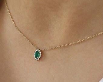 Emerald Jewelry / 14k Gold Emerald Necklace with Halo Diamonds / Classic Emerald Necklace / Mini Emerald Necklace / May Birthstone Necklace