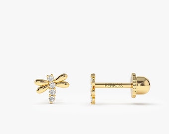 Diamond Piercing / Bee Stud Earrings 14k Gold / Diamond Bee Piercing / Bee Jewelry / Screw Back Cartilage Helix Piercing Ferkos Fine Jewelry