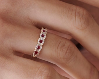 Fine Jewelry / Ruby Diamond Ring / 14k Gold Princess Cut Ruby with Baguette and Round Diamond Ring / Unique Ruby Ring / July Birthstone Ring