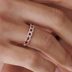 Fine Jewelry / Ruby Diamond Ring / 14k Gold Princess Cut Ruby with Baguette and Round Diamond Ring / Unique Ruby Ring / July Birthstone Ring