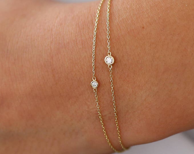 14k Gold Bezel Diamond Bracelet, Dainty Solitaire Bracelet