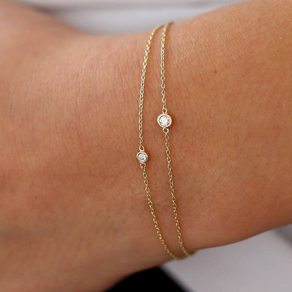 14k Gold Bezel Diamond Bracelet, Dainty Solitaire Bracelet