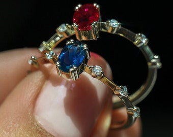 Blue Sapphire Ring / 14k Gold Dainty Diamond Sapphire Ring  / Petite Diamond Sapphire Ring / Half Eternity Minimal Sapphire Engagement Ring