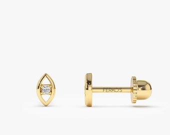 Diamond Evil Eye Helix Piercing in 14k Solid Gold / Cartilage Piercing / Second Hole Piercing / Screw Back Stud by Ferkos Fine jewelry
