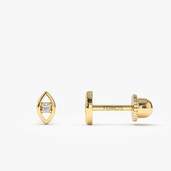 Diamond Evil Eye Helix Piercing in 14k Solid Gold / Cartilage Piercing / Second Hole Piercing / Screw Back Stud by Ferkos Fine jewelry