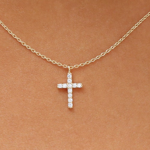 Diamond Cross Necklace / 14k Rose Gold Diamond Cross 0.18 Ct / | Etsy