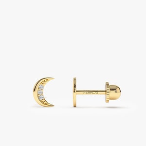 Helix Piercing / 14k Gold Diamond Crescent Moon Piercing / Minimalist Tragus Piercing / Diamond Stud Piercing by Ferkos Fine Jewelry