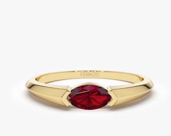 Ferkos Fine Jewelry Ruby Ring / 14k Gold Marquise Shape Natural Ruby Ring / Horizontal Set Marquise Genuine Ruby Ring / July Birthstone