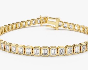 Tennis Bracelet / 14k Gold Bezel Setting Emerald Cut Natural Diamond Tennis Bracelet / Bridal Jewelry / Anniversary Gift Ferkos Fine Jewelry