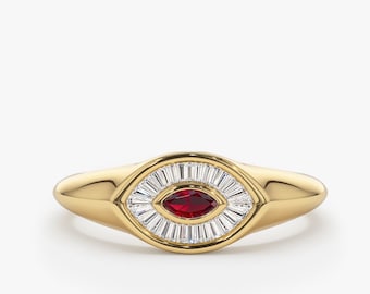 Ruby Ring / 14k Gold Marquise Shaped Ruby Evil Eye Stacking Ring / Ruby Pinky Ring / Baguette Diamond and Ruby Unique Ring