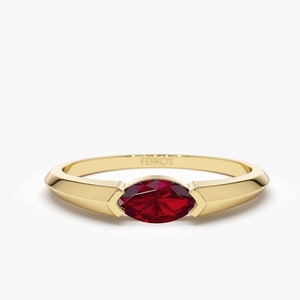 Ferkos Fine Jewelry Ruby Ring / 14k Gold Marquise Shape Natural Ruby Ring / Horizontal Set Marquise Genuine Ruby Ring / July Birthstone