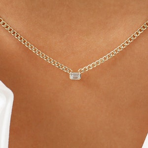 14k Gold Cuban Link Chain Necklace with Bezel Setting Emerald Cut Diamond / 2MM Gold Curb Link Necklace by Ferkos Fine Jewelry