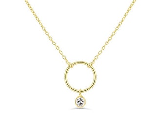 Circle Necklace with Dangling Bezel Set Diamond / Thin Gold Choker / Chain Choker Necklace / Available in 14k Gold / White Gold / Rose Gold