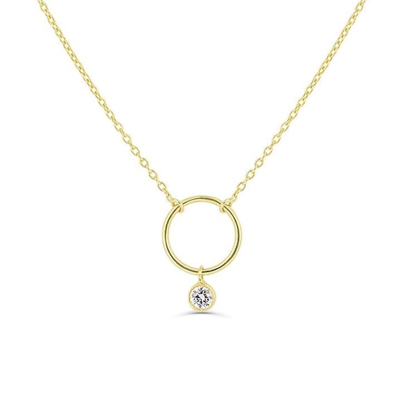 Circle Necklace with Dangling Bezel Set Diamond / Thin Gold Choker / Chain Choker Necklace / Available in 14k Gold / White Gold / Rose Gold