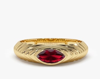 Marquise Shape Garnet Ring in 14k Gold / Beveled Marquise Shape Unique and Elegant January Birthstone Ring by Ferkos Fine Jewelry