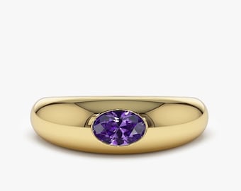 Women's Amethyst Ring, 14k Flush Set Amethyst Real Gold Dome Ring, February Birthstone Ring for Women, Luxury Push Present Ideas