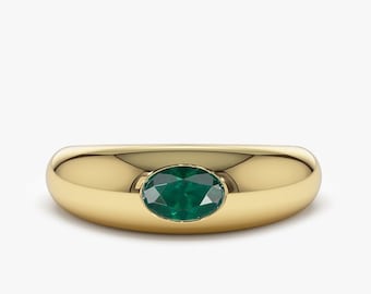 Women's 14k Gold Emerald Dome Ring, May Birthstone Gold Ring Woman, Luxury Statement Jewelry, Classic Dinner Cocktail Ring