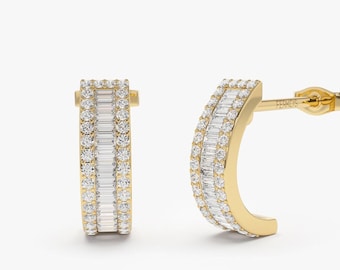 Diamond Earrings / 14k Gold Baguette and Round Diamond Micro Pave Earrings / 0.75 Ctw Baguette Diamond Hoop Earrings by Ferkos Fine Jewelry