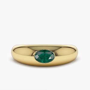 Women's 14k Gold Emerald Dome Ring, May Birthstone Gold Ring Woman, Luxury Statement Jewelry, Classic Dinner Cocktail Ring