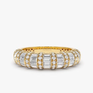 Diamond Ring / 14k Gold Dome Baguette Diamond Women's Diamond Ring / Women's Anniversary Band / Unique Diamond Wedding Band / Statement Ring