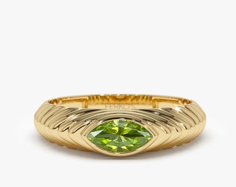Peridot Ring, 14k Gold Marquise Shape Natural Peridot Beveled Ring, Women's Marquise Ring, Stylish Statement August Birthstone Ring for Her