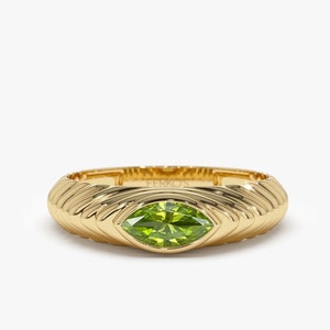 Peridot Ring, 14k Gold Marquise Shape Natural Peridot Beveled Ring, Women's Marquise Ring, Stylish Statement August Birthstone Ring for Her