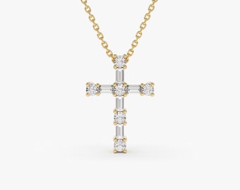 Diamond Cross Necklace / 14k Gold Baguette and Round Diamond Necklace / 16MM length 0.40ctw Diamond Cross / Communion / Baptism Gift