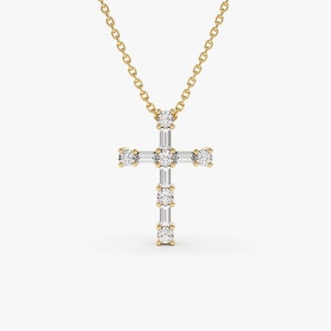 Diamond Cross Necklace / 14k Gold Baguette and Round Diamond Necklace / 16MM length 0.40ctw Diamond Cross / Communion / Baptism Gift