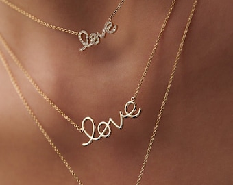 14K Solid Gold Love Necklace / Dainty Love Minimalist Necklace / Cursive Script Font Love Gold Necklace , Last Minute Gift, Gift for Mom