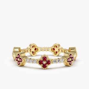 Clover Ring / Full Eternity Ruby and Diamond Ring in 14k Gold / Stacking Ring / Ruby Stackable Ring / July Birthstone Ferkos Fine Jewelry