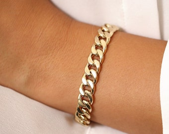 Gold Bracelet / 14K Gold 10MM Curb Link Chain Bracelet / Chunky Retro Chain / Bold Link / Link Chain by Ferkos Fine jewelry