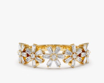 Diamond Ring / 14K Gold Baguette Diamond Multi Flower Design Ring / Diamond Statement Ring by Ferkos Fine Jewelry