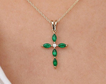 Emerald and Diamond Cross / 14k Gold Genuine Emerald and Diamond Pendant / May Birthstone / Gold Emerald Cross / Communion / Confirmation