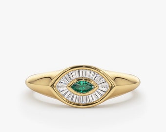 Emerald Ring / 14k Gold Marquise Shaped Emerald Evil Eye Stacking Ring / Emerald Pinky Ring / Baguette Diamond and Emerald Unique Ring